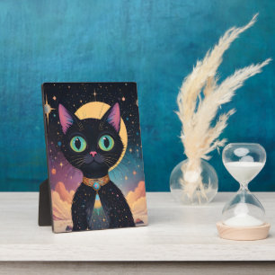 Atomfuturistische, kosmische schwarze Katze im Mon Fotoplatte