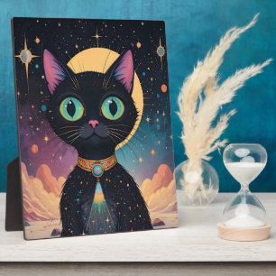 Atomfuturistische, kosmische schwarze Katze im Mon Fotoplatte