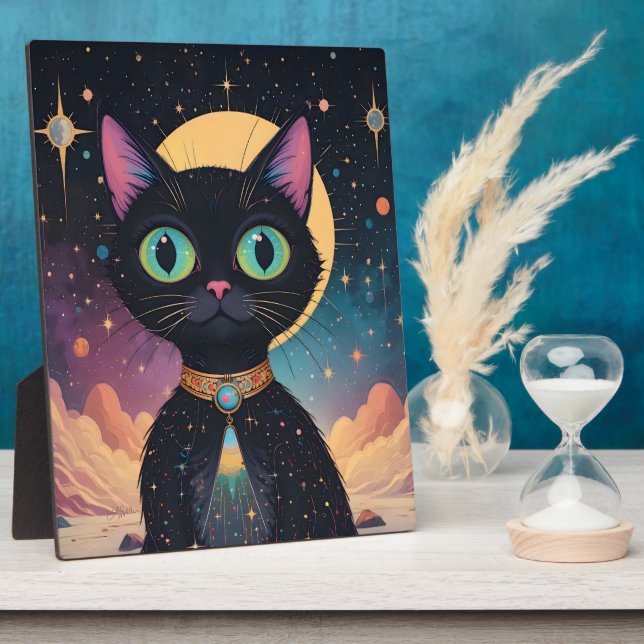 Atomfuturistische, kosmische schwarze Katze im Mon Fotoplatte (Seite)