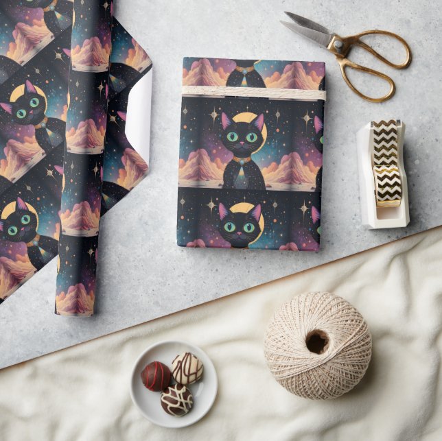 Atomfuturistische, kosmische schwarze Katze im Mon Geschenkpapier (Kunsthandwerk)