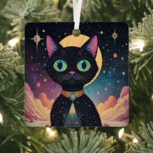 Atomfuturistische, kosmische schwarze Katze im Mon Ornament Aus Metall