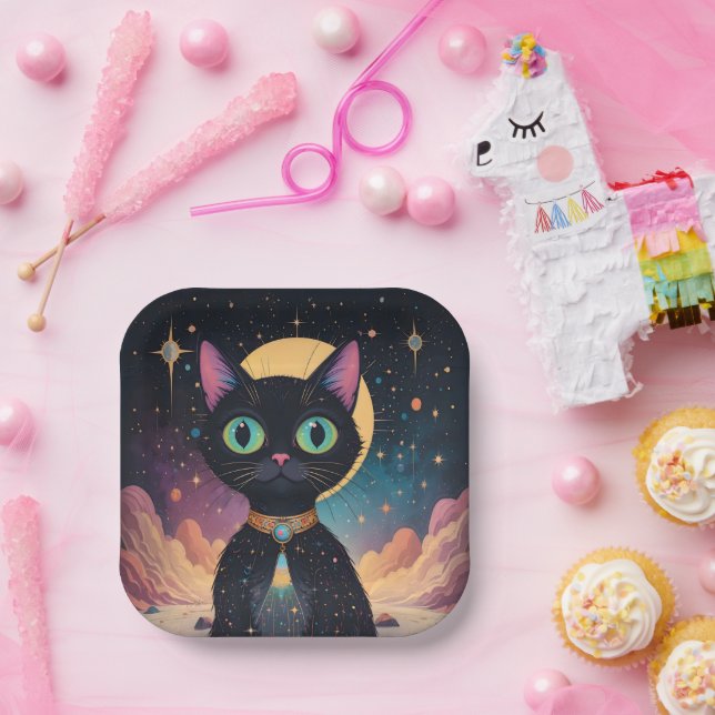 Atomfuturistische, kosmische schwarze Katze im Mon Pappteller (Party)