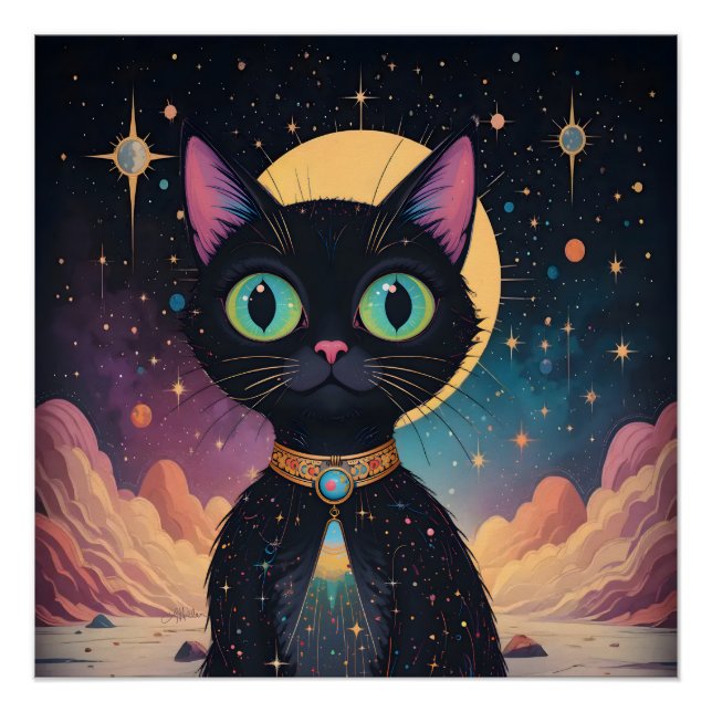 Atomfuturistische, kosmische schwarze Katze im Mon Poster (Vorderseite)