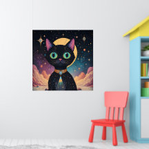 Atomfuturistische, kosmische schwarze Katze im Mon