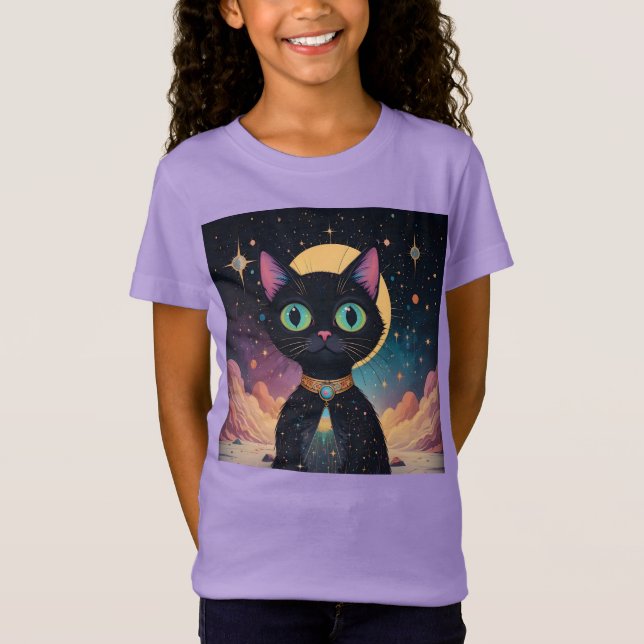 Atomfuturistische, kosmische schwarze Katze im Mon T-Shirt (Vorderseite)