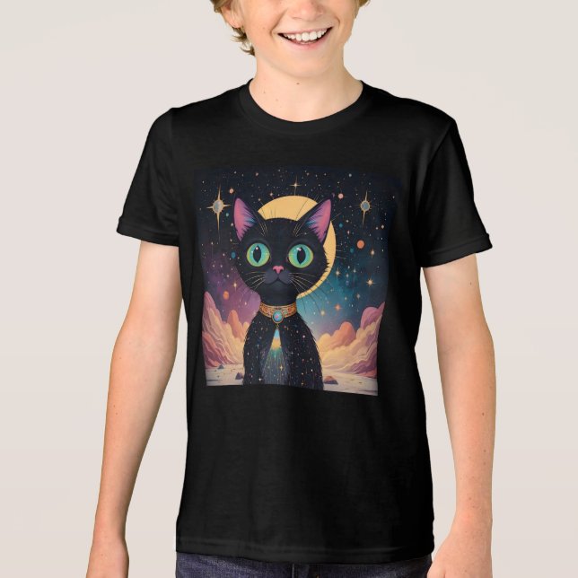 Atomfuturistische, kosmische schwarze Katze im Mon Tri-Blend Shirt (Vorderseite)