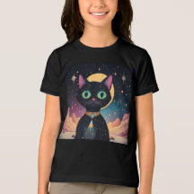 Atomfuturistische, kosmische schwarze Katze im Mon