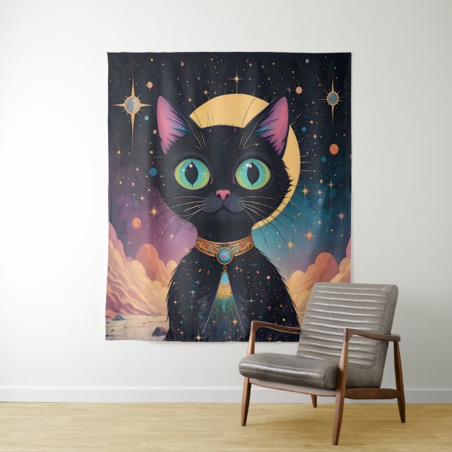 Atomfuturistische, kosmische schwarze Katze im Mon Wandteppich (Beispiel)