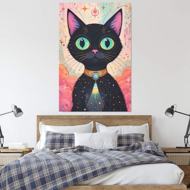Atomfuturistisches Kosmisches Schwarzes Katzenuniv Leinwanddruck (Insitu (Schlafzimmer))