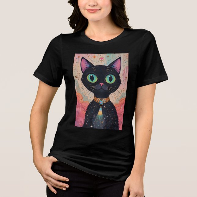 Atomfuturistisches Kosmisches Schwarzes Katzenuniv Tri-Blend Shirt (Vorderseite)