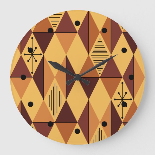 Atomic Age Art Diamonds Ochre Maroon Große Wanduhr (Vorderseite)