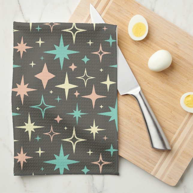 Atomic Age Stars Pink Blue Yellow Brown Midcentury Geschirrtuch (Viertel Falte)