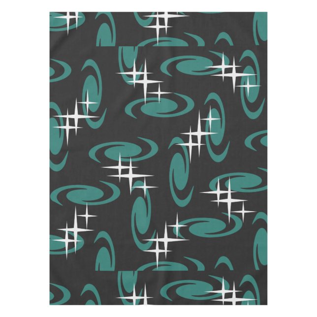 Atomic Age Swirls Stars Pattern Black Teal Tischdecke (Vorderseite)