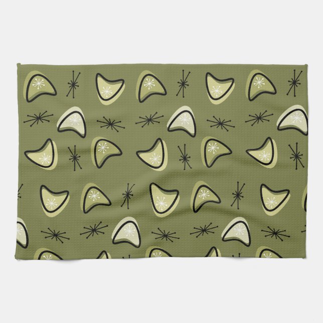 Atomic Boomerangs Sternexplosionen Olive Green Geschirrtuch (Horizontal)