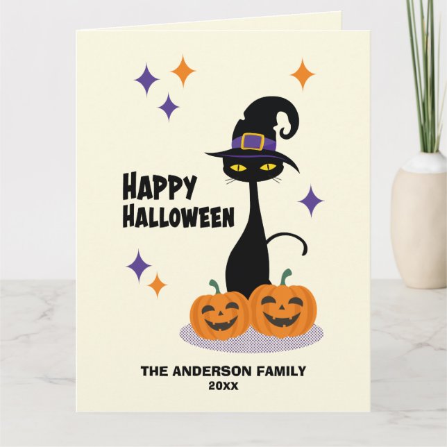 Atomic Halloween Cat Mitte des Jahrhunderts Karte (Vorderseite)