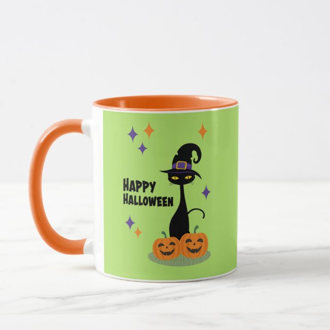 Atomic Halloween Cat Mitte des Jahrhunderts Tasse (Links)