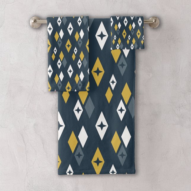 Atomic MCM Diamonds Pattern Navy, Senf Yellow Badhandtuch Set (Von Creator hochgeladen)