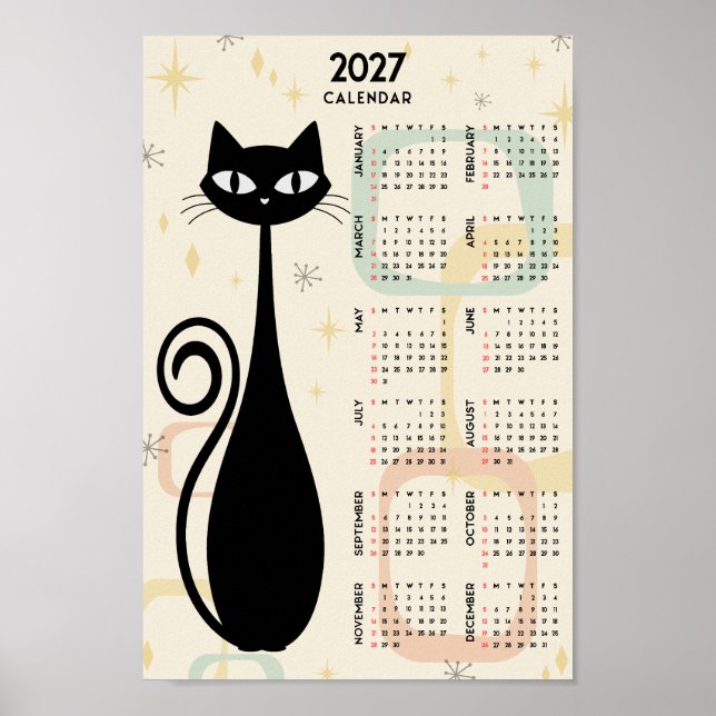Atomic Retro Black Cat Mid Century 2027 Kalender Poster (Vorne)