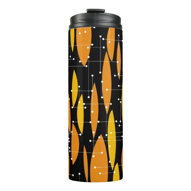 Atomic, schwarz-orange geometrisches Muster. Thermosbecher (Vorderseite)