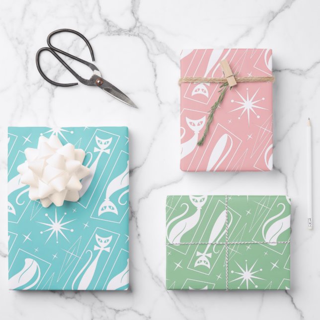 Atomic Star Cat MidCentury Modern Christmas Pastel Geschenkpapier Set (Vorderseite)