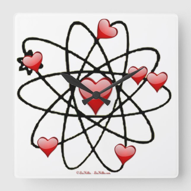 Atomic Valentine Red Hearts Quadratische Wanduhr (Vorderseite)
