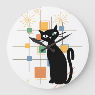 Atomische Katze aus der Mitte des Jahrhunderts pla Große Wanduhr