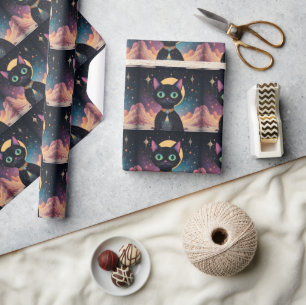 Atomistische futuristische kosmische schwarze Katz Geschenkpapier