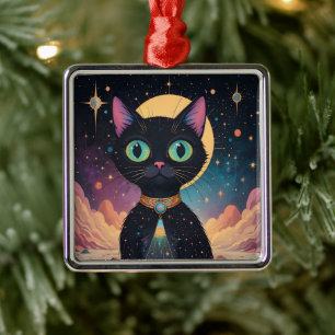 Atomistische futuristische kosmische schwarze Katz Ornament Aus Metall