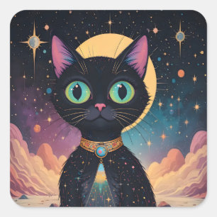 Atomistische futuristische kosmische schwarze Katz Quadratischer Aufkleber