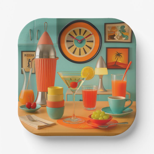 Atomistischer Retro-Futuristischer Martini Frühstü Pappteller (Vorderseite)