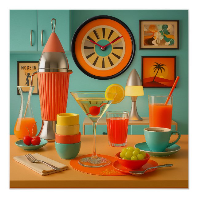 Atomistischer Retro-Futuristischer Martini Frühstü Poster (Vorderseite)