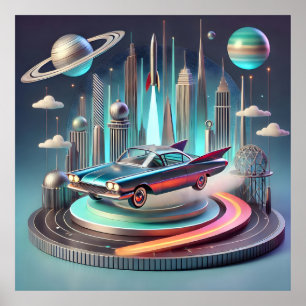 Atomistisches futuristisches Großflossen-Coupe-Aut Poster