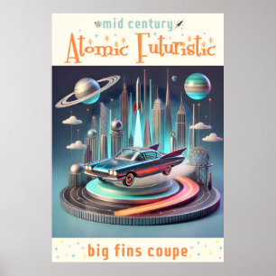 Atomistisches futuristisches Großflossen-Coupe-Aut Poster