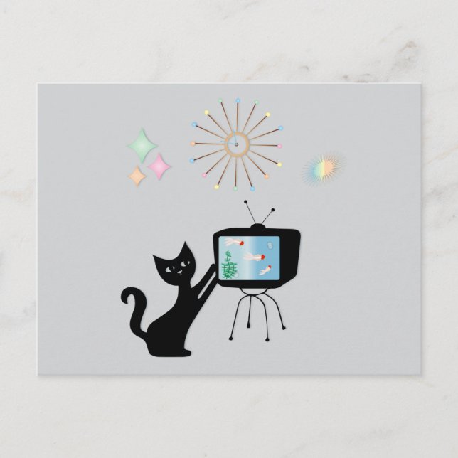 ATOMKATZE & ALTES TV-GERÄT RETRO POSTKARTE (Vorderseite)