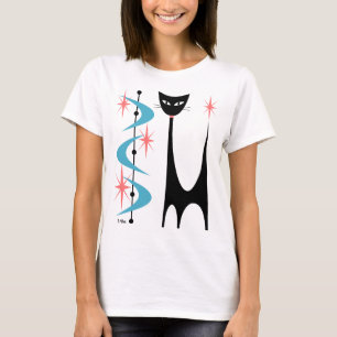 Atomkatze aus der Mitte des Jahrhunderts mit blaue T-Shirt