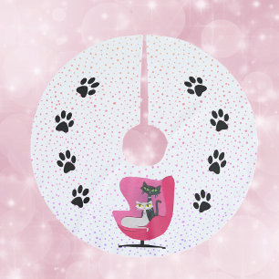 Atomkatzen Rosa Stuhl Schwarze Pfotenabdrücke Rosa Polyester Weihnachtsbaumdecke