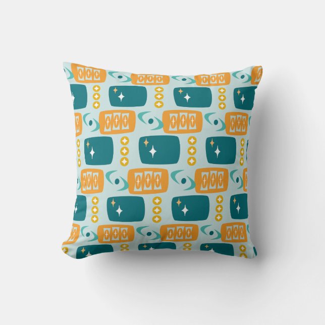 Atommuster Mitte des Jahrhunderts in Aqua, Orange, Kissen (Vorderseite)