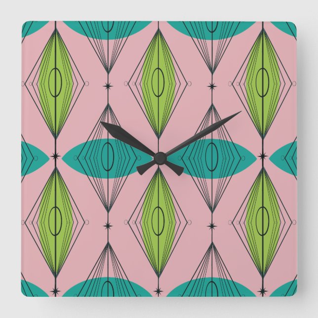 Atomrosa Ogee und Sternexplosionen, Wall Clock Quadratische Wanduhr (Vorderseite)