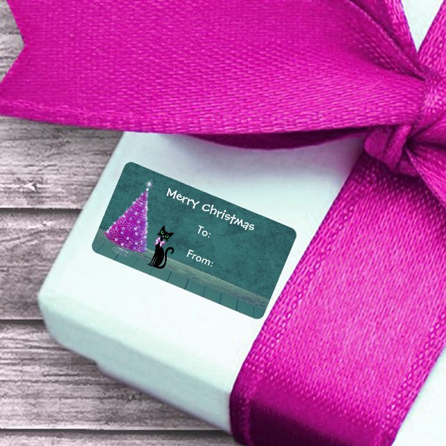 Atomschwarze Katze Pink Silber Weihnachtsbaum Aqua Adressaufkleber (Pink silver tree cute black cat teal room on Christmas gift tag labels.)