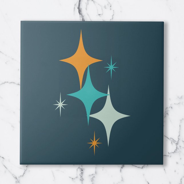 Atomstars aus dem Mittelalter Dunkle Aquamarine Aq Fliese (Mid Century Atomic Stars Dark Teal Aqua Orange Ceramic Tile)