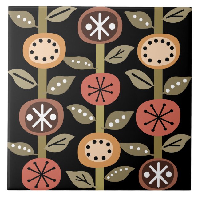 Atomzeitalter Blume Art Black Colorful Fliese (Vorderseite)