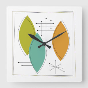 Atomzeitalter Ornamente Mitte des Jahrhunderts Mod Quadratische Wanduhr