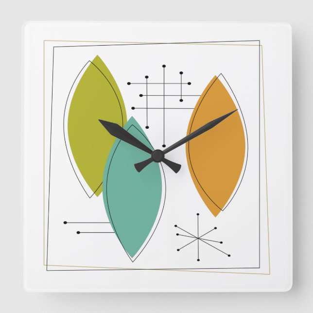 Atomzeitalter Ornamente Mitte des Jahrhunderts Mod Quadratische Wanduhr (Vorderseite)
