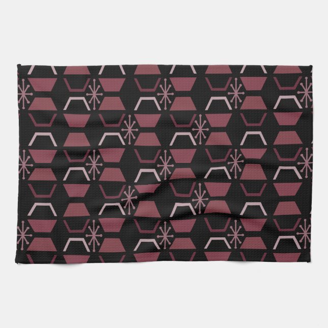 Atomzeithexagons Schwarzes Burgund Geschirrtuch (Horizontal)