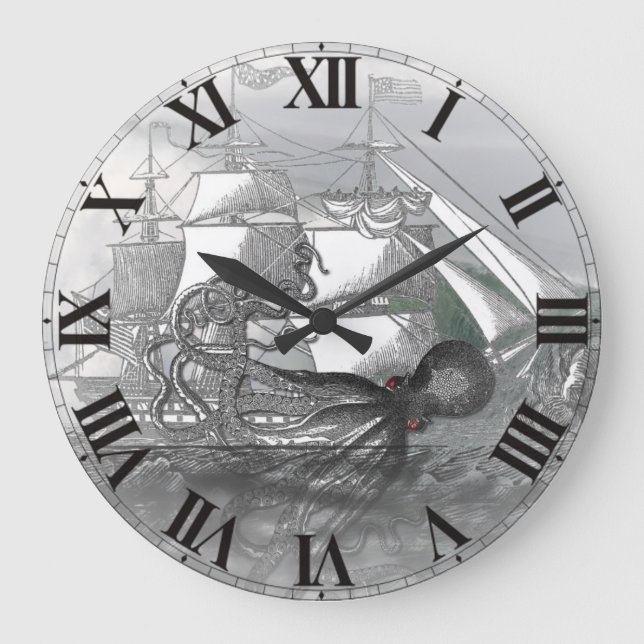 Attack by Giant Octopus Große Wanduhr (Vorderseite)