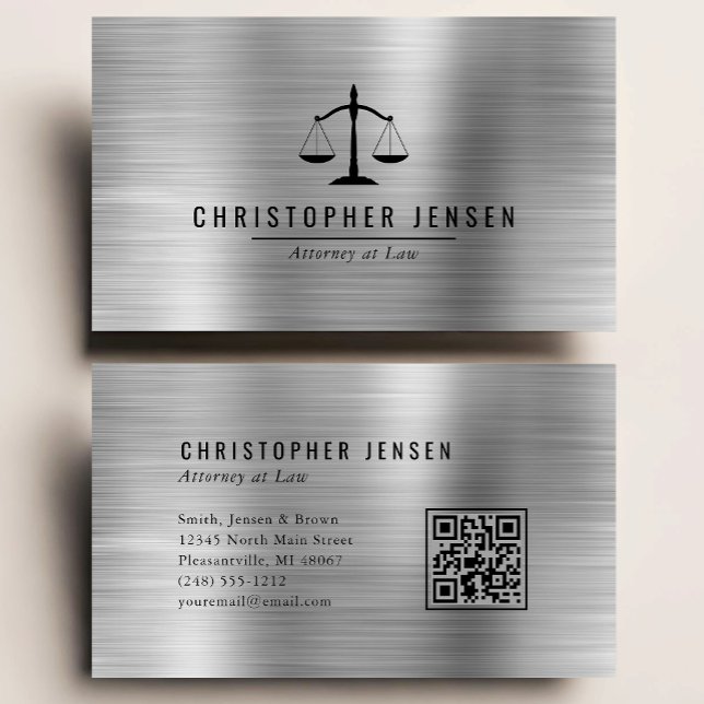 Attorney QR Code Black Scales Silver Brushed Metal Visitenkarte (Von Creator hochgeladen)