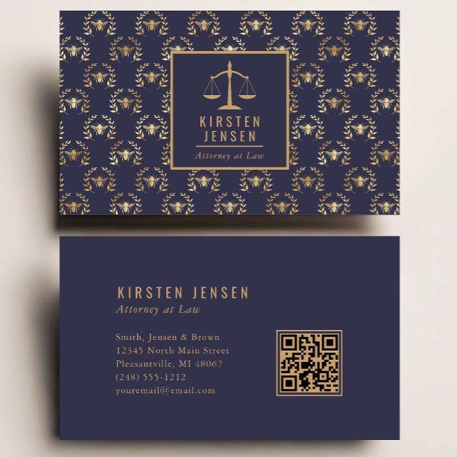 Attorney QR Code Dark Blue Gold Bee Laurel Pattern Visitenkarte (Von Creator hochgeladen)