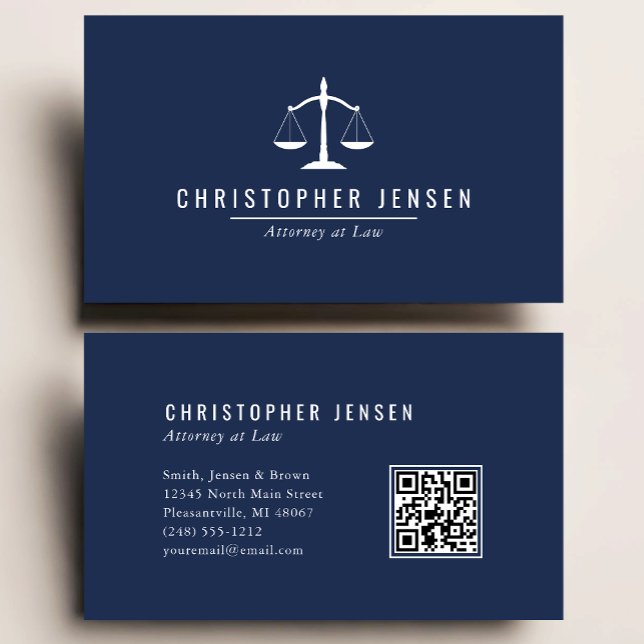 Attorney QR Code Navy Blue White Scales Simple Visitenkarte (Von Creator hochgeladen)