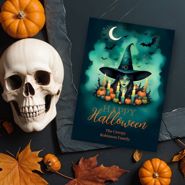 Attractive & Mystical Halloween Witch Conjures Karte (Attractive & Mystical Halloween Witch Conjures Enchanting Spells Amid Glowing Candles Cards.)