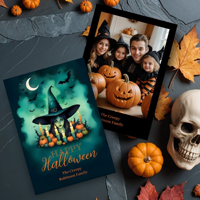 Attractive Mystical Halloween Witch Conjures Photo Karte (Attractive & Mystical Halloween Witch Conjures Enchanting Spells Amid Glowing Candles Cards)